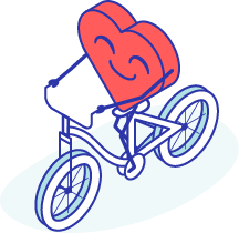 The healthcare icon includes a friendly heart character riding a bicycle with a cute smile.