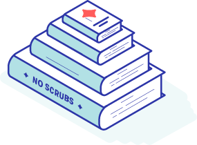 The education icon includes an four books stacked on top of each other, in order of smallest to largest. The largest book says "no scrubs" on it's spine.