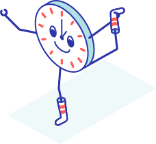 The flexible-hours icon includes a friendly clock character stretching on a yoga mat.