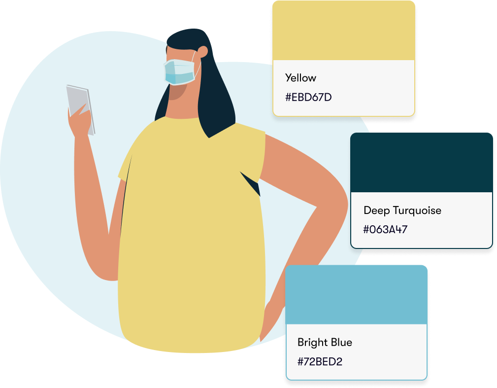 An illustration of a woman in a yellow t-shirt looking at her phone while wearing a mask. Three color swatches are overlapping the right of the illustration. These colors include: yellow, deep turquoise, and bright blue.