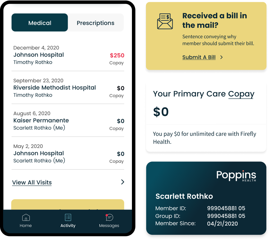 The Activity screen from the Poppin’s mobile application, next to three UI components: Bill Payment, Copay, and the ID Card.