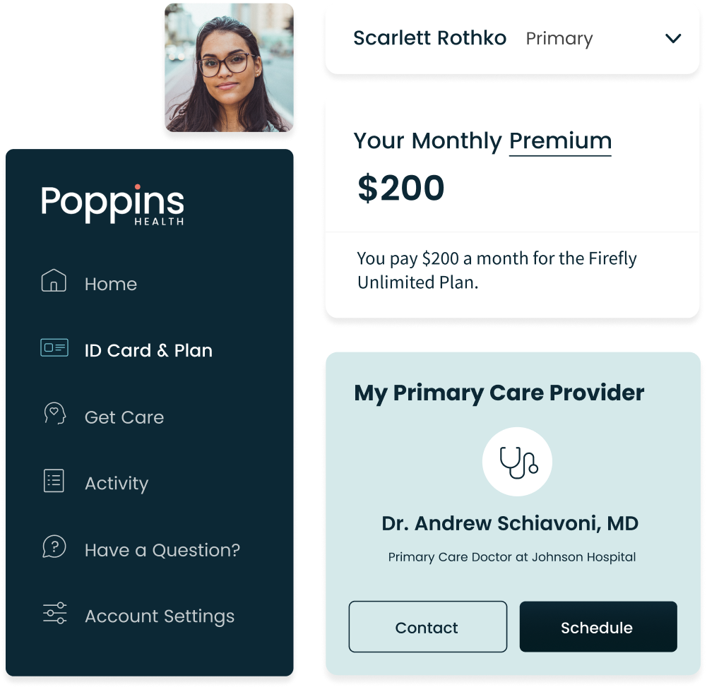 Various components from Poppin’s UI include: a user’s profile picture, desktop navigation (including Home, ID Card & Plan, Get Care, Activity, and more), a card component for My Plan, and a card component for Primary Care Provider.