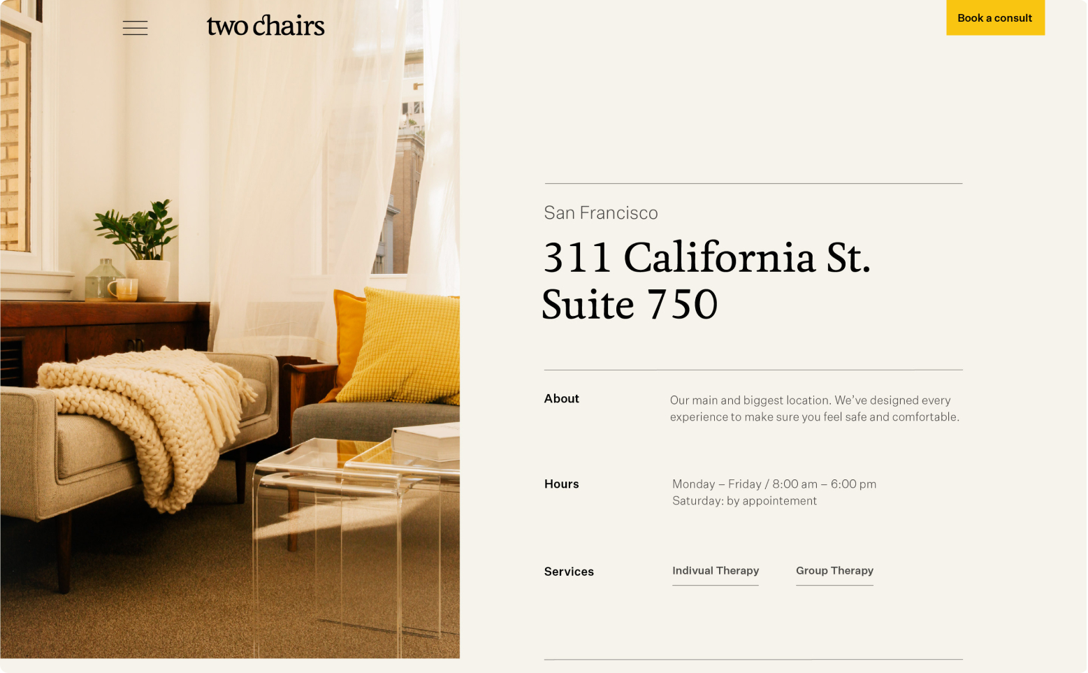 Screenshot of a Two Chairs location webpage.