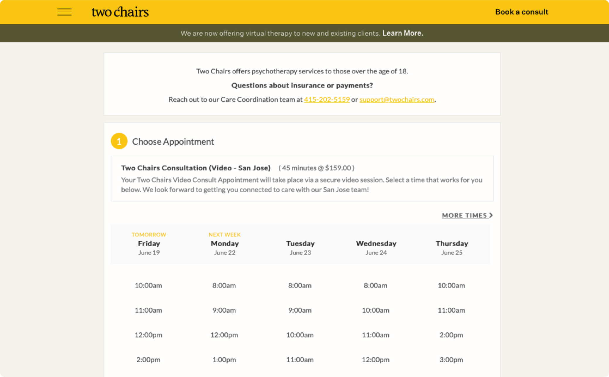 Screenshot of Two Chairs booking system.