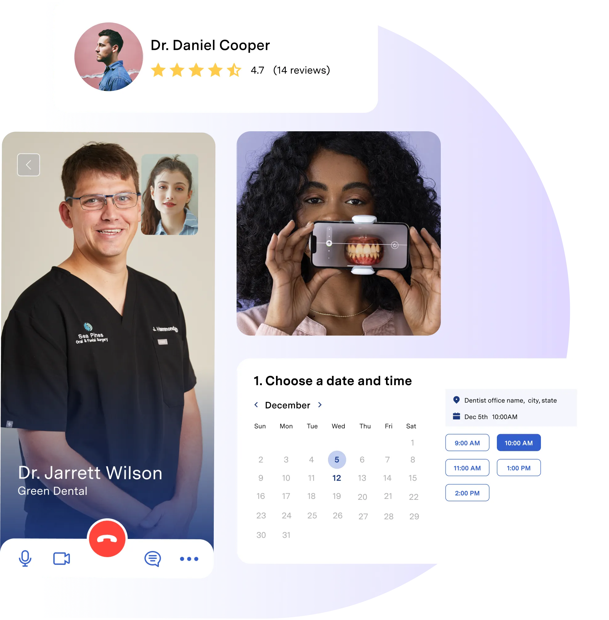 Elements taken from Two Front's patient work flows. From top to bottom, graphics include: a 5-star review of a doctor, a video call between a dentist and a patient, a different patient showing off her teeth, and a day/time appointment modal.